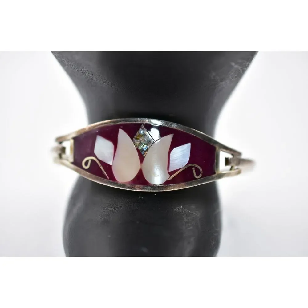 Vintage Bangle Bracelet Mexico Hinged Silver Mother Pearl Inlay Red Enamel Bin2